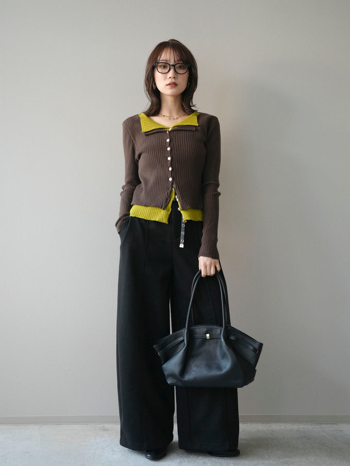 [予約]配色レイヤードリブニットカーディガン/brown