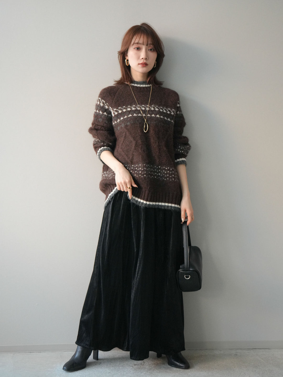 [予約]裾配色ノルディック柄ニットプルオーバー/brown