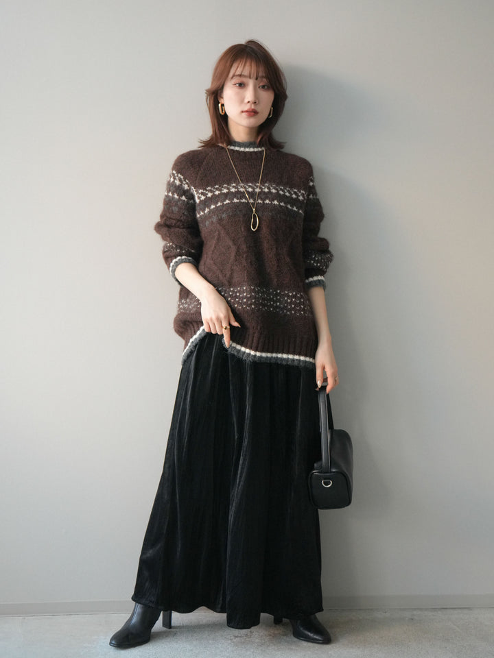 [予約]裾配色ノルディック柄ニットプルオーバー/brown