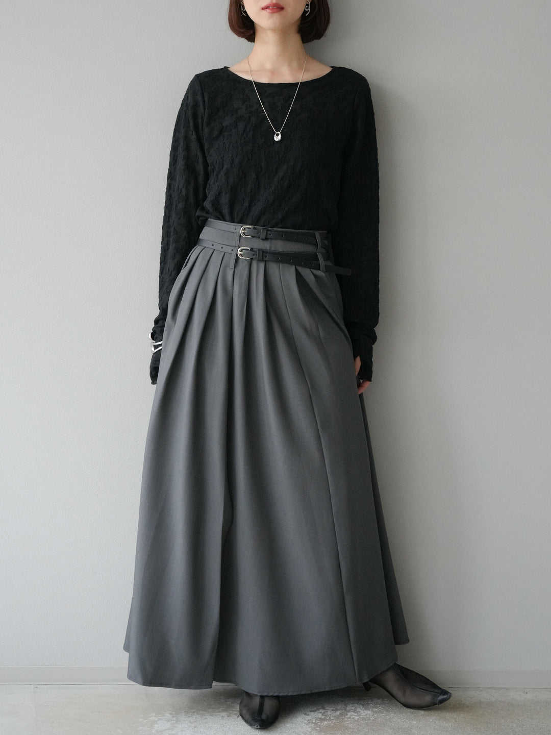 [SET]シアージャガードトップス+エステルプリーツスリットスカート(2set)