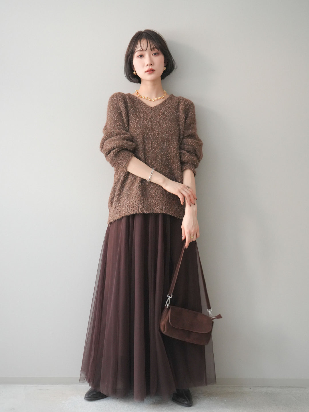 [SET]Vネックスラブニットプルオーバー+選べるアクセセット(2set)