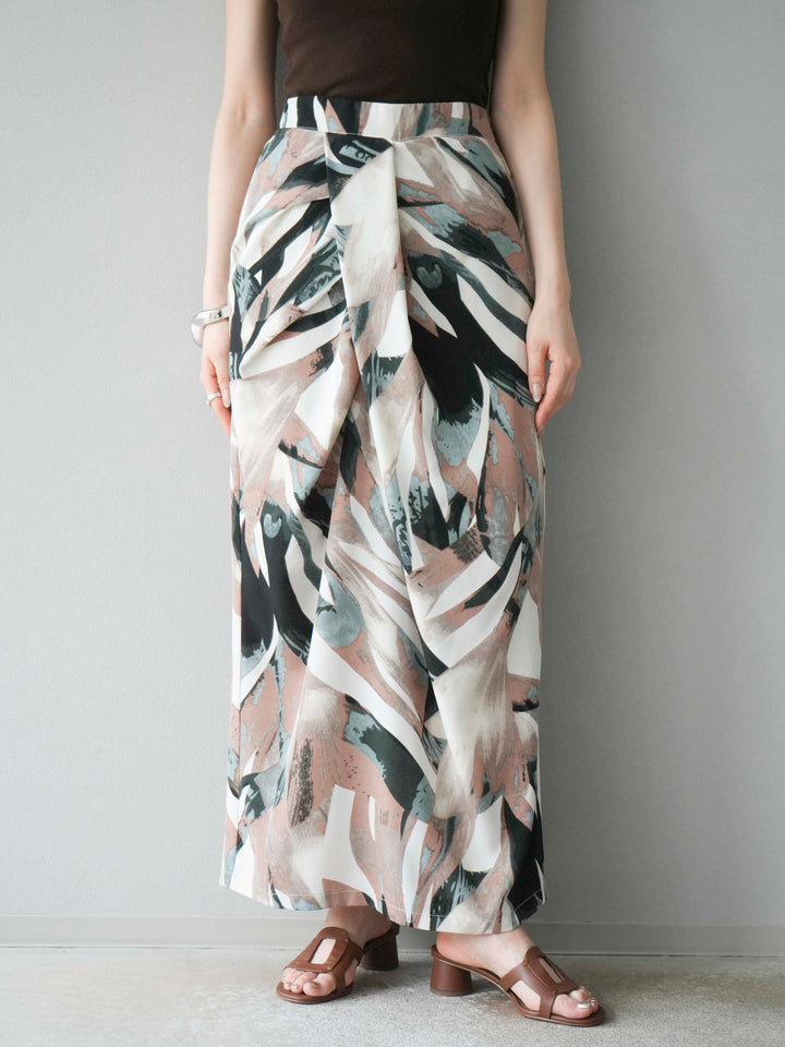 [預購] 度假風印花褶襉I字裙/綠色