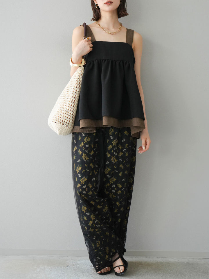 [SET]リネンライク配色フレアタンクトップ+ブーケプリントタックパンツ(2set)