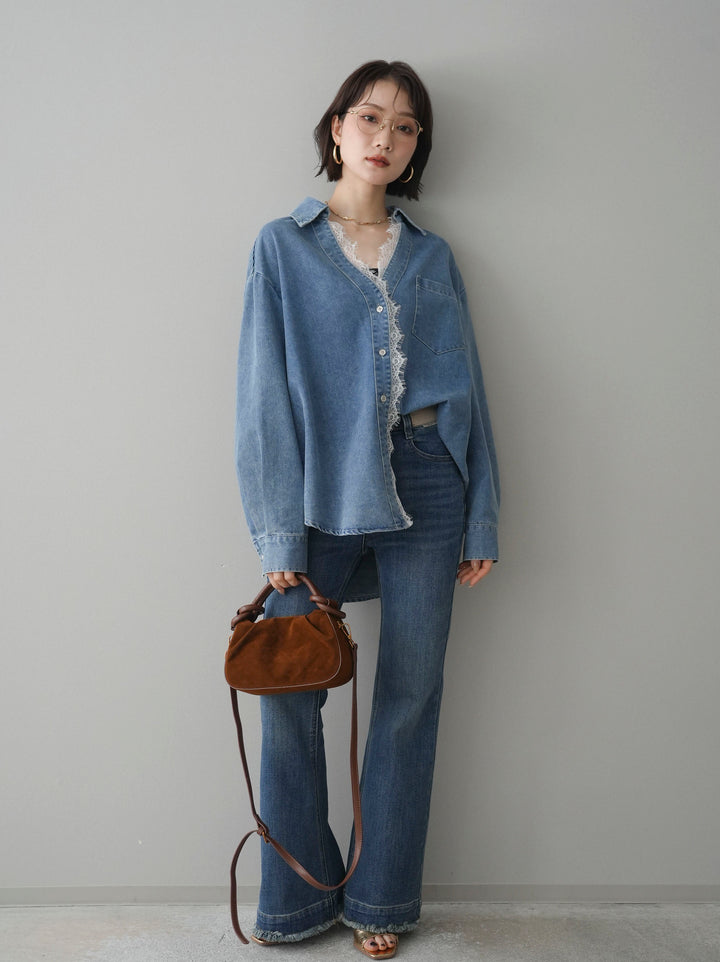 [SET]レースレイヤードデニム開襟シャツ+フリンジデザインセミフレアデニム(2set)