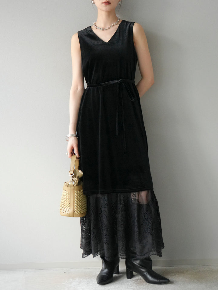 [予約]裾コットンレースベロアワンピース/ブラック