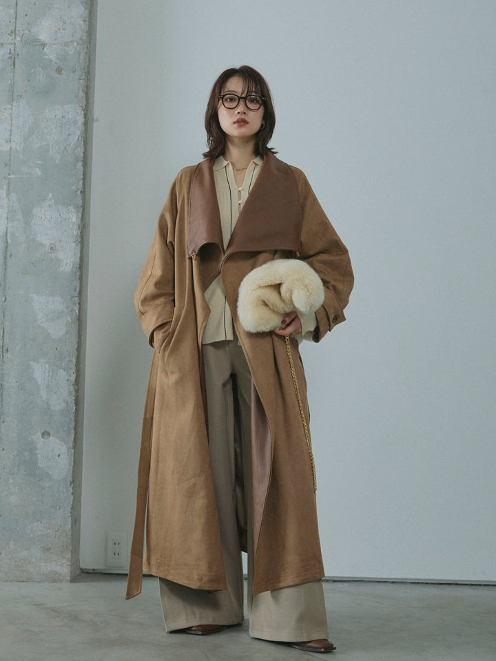 [予約]レザーカラースウェードロングコート/beige