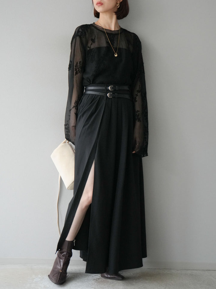 [予約]エステルプリーツスリットスカート/ブラック