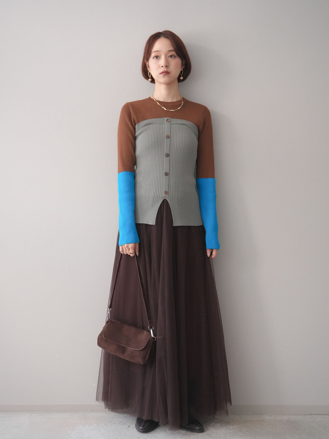 [SET]配色ビスチェドッキングリブニットトップス+選べるアクセセット(2set)