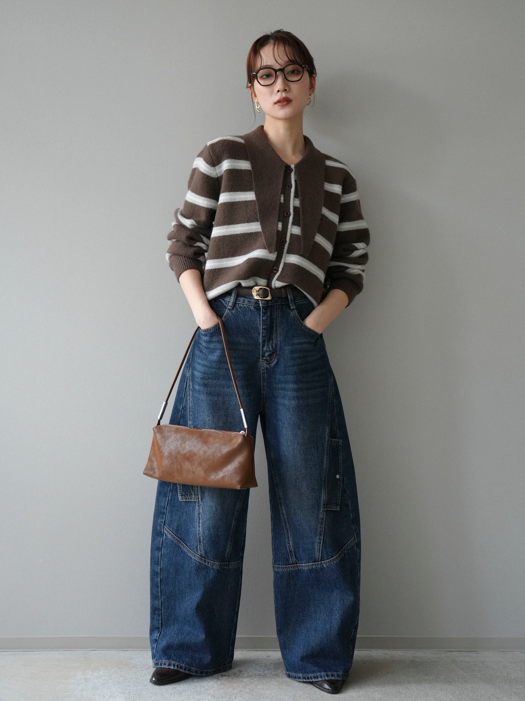 [予約]ボウタイボーダーニットカーディガン/brown