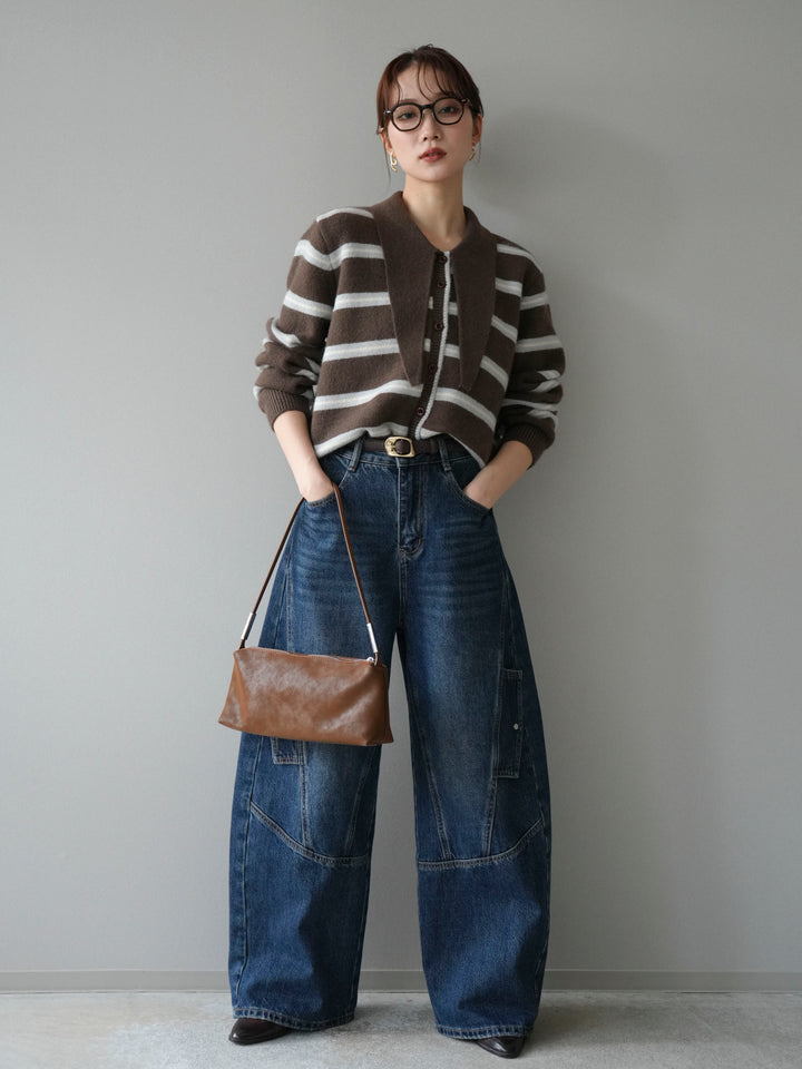 [予約]ボウタイボーダーニットカーディガン/brown