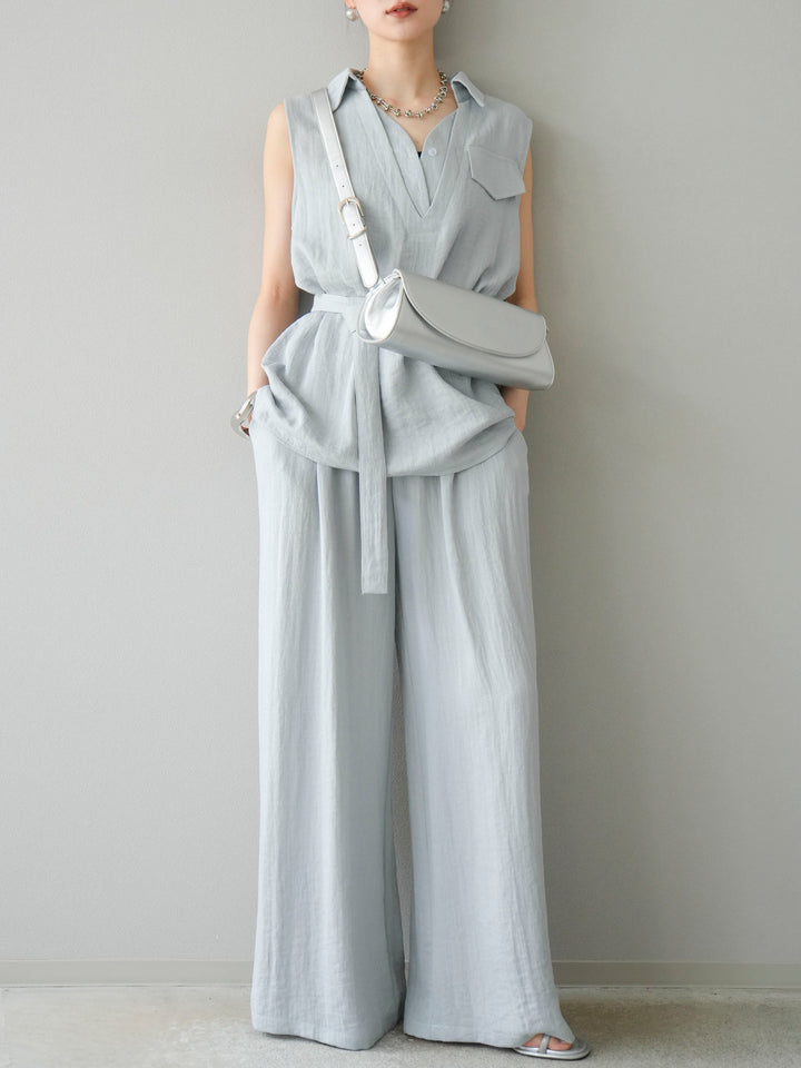 [SET]リネンライクスキッパーブラウス＆ワイドパンツSET UP