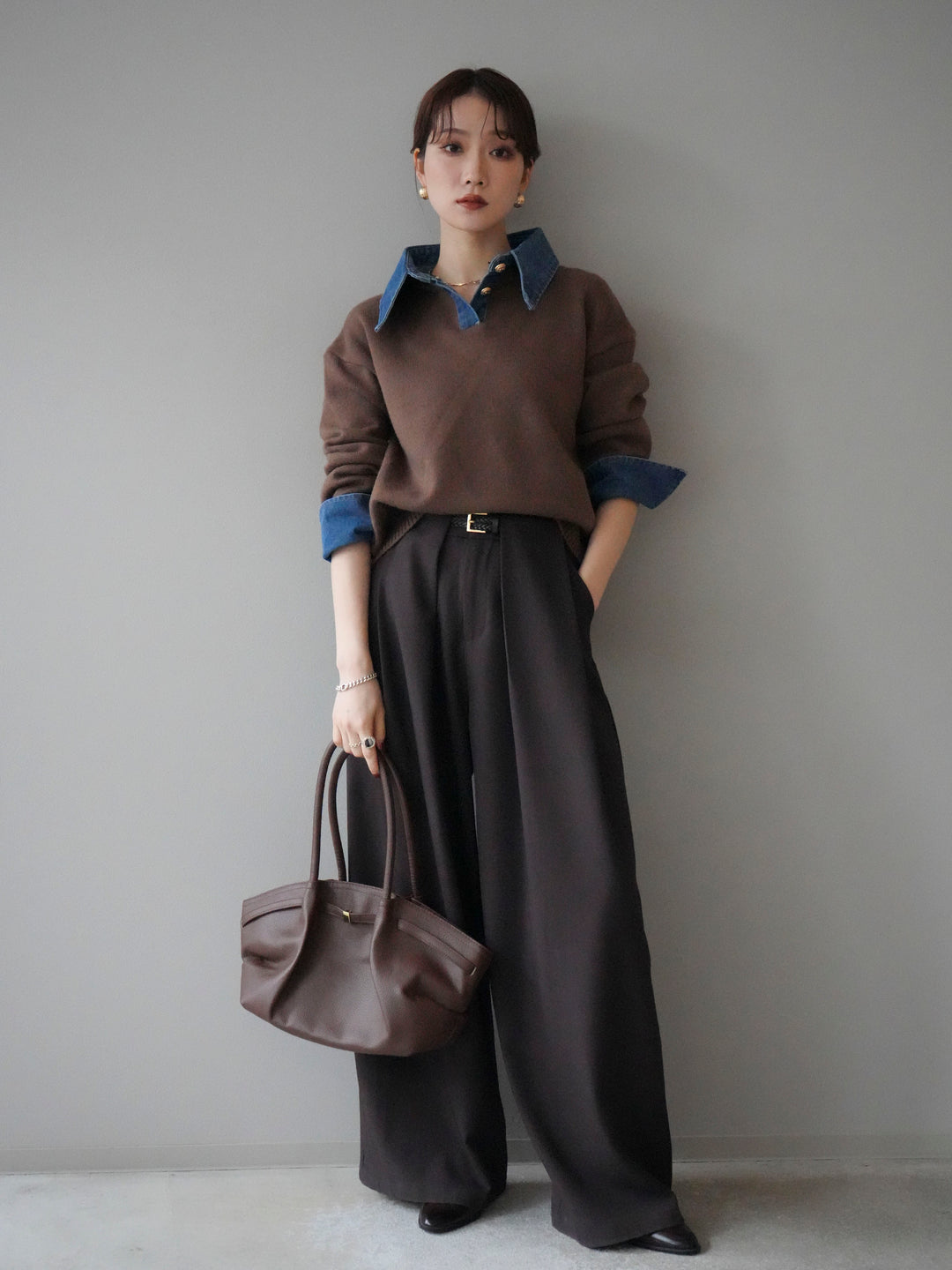 【預購】牛仔領polo針織套頭衫/棕色