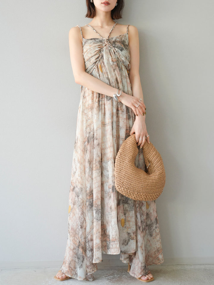 [予約]編み込みショルダーニュアンス柄シフォンワンピース/ベージュ