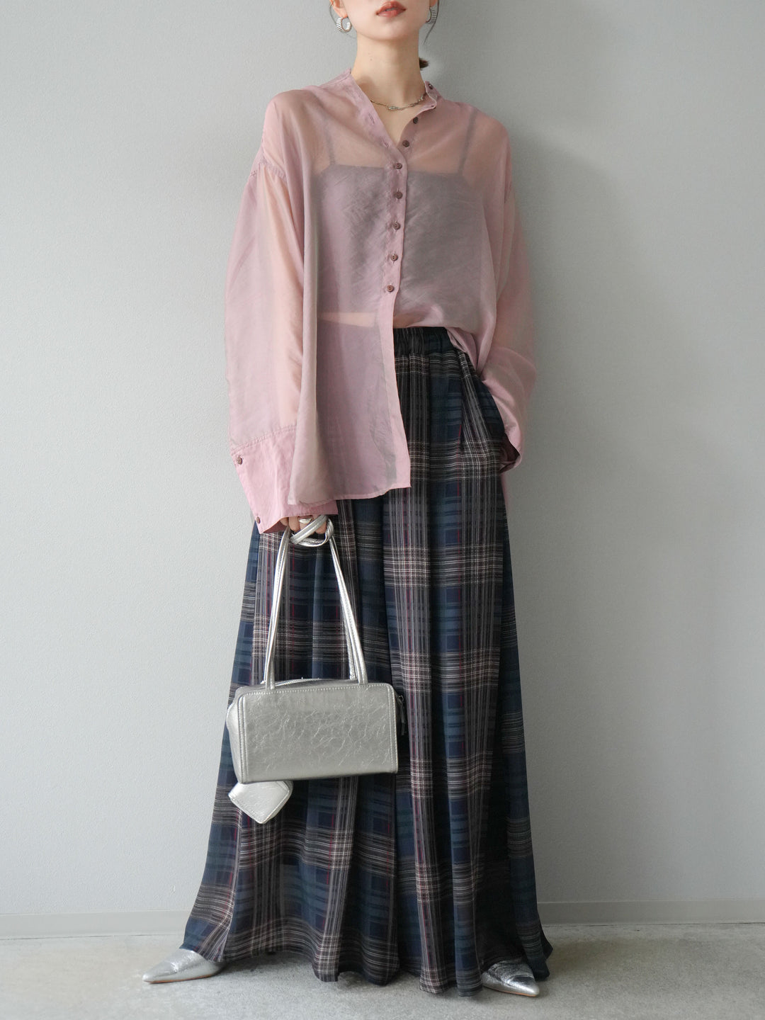 [預購] 透視格紋寬鬆褲/藏青色