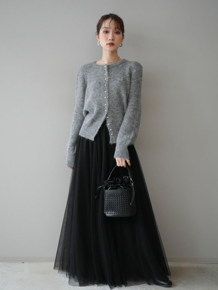 [予約]ブローチ付silverボタンミックスニットカーディガン/gray