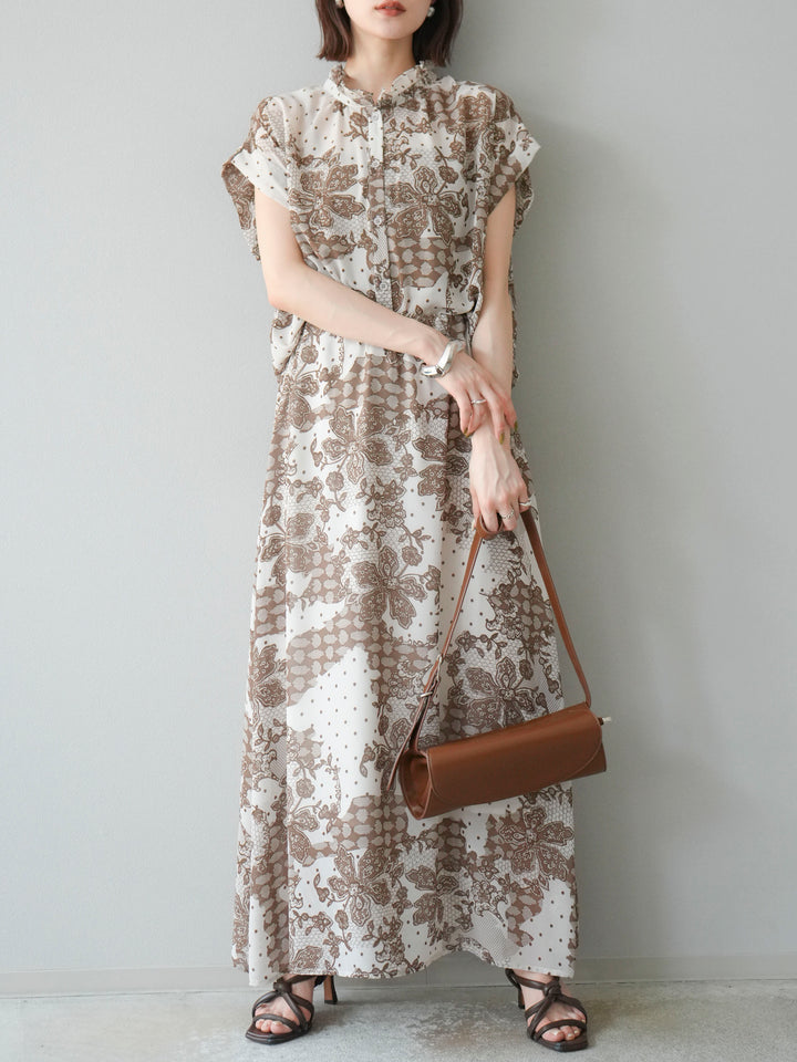 [SET] 花朵圖案法式袖襯衫 + 花朵圖案喇叭裙 (2 套)