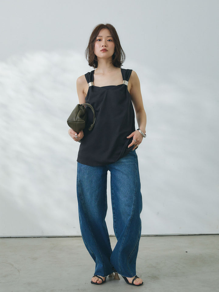 【Allure】[SET]メタルモチーフノースリーブブラウス+ウエストフリンジカットオフカーブデニムパンツ(2set)