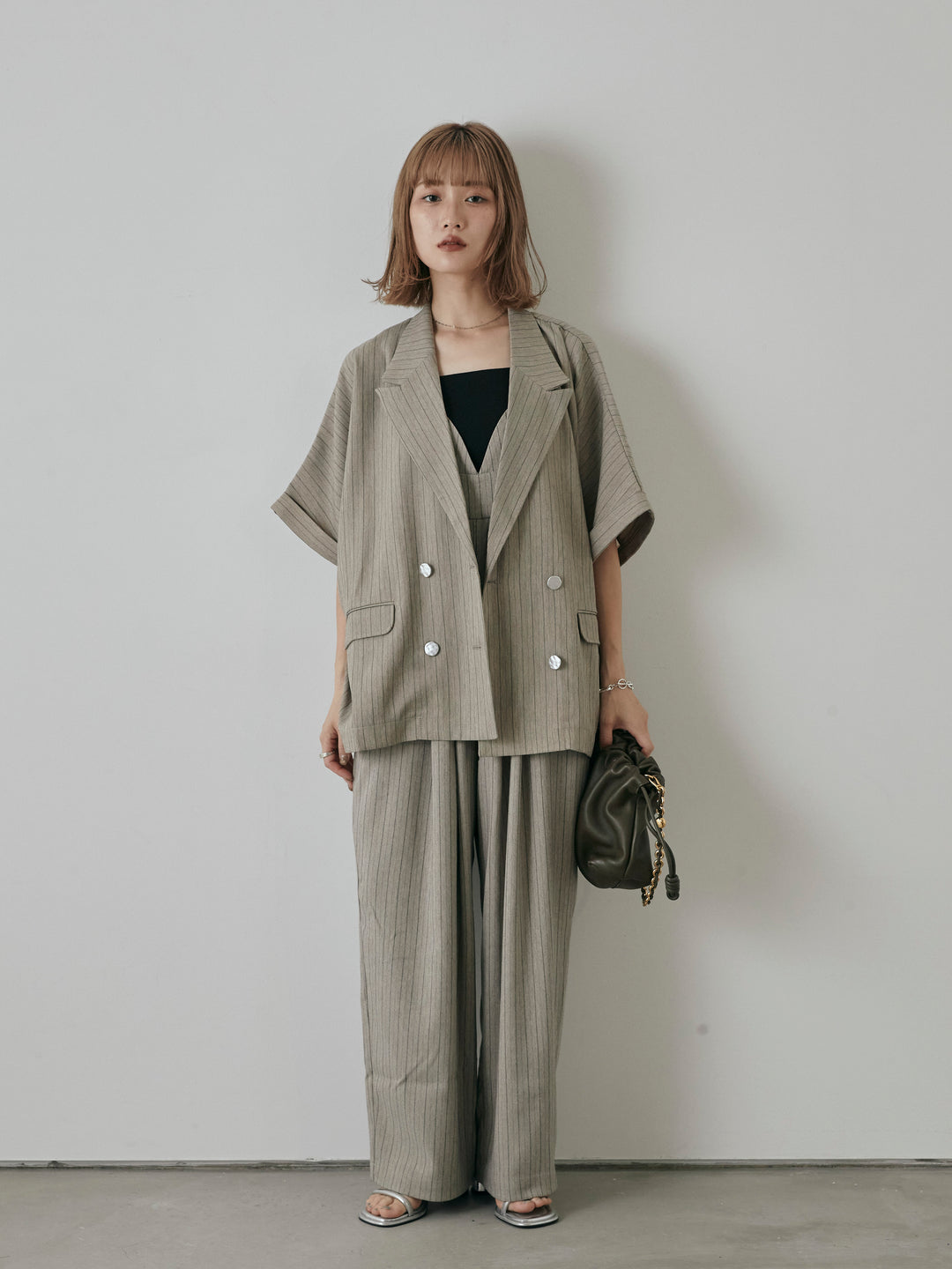 【預購】人字紋條紋工裝褲/米白色