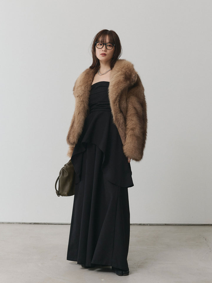 【Allure】[SET]ぺプラムベアトップス＆ワイドパンツSET UP+フェイクファービックカラージャケット(2set)