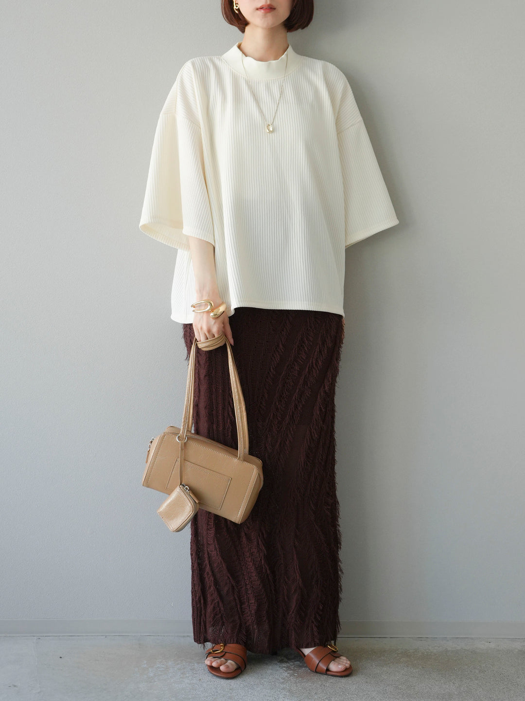 [予約]ミックスヤーンフリンジタイトスカート/ブラウン