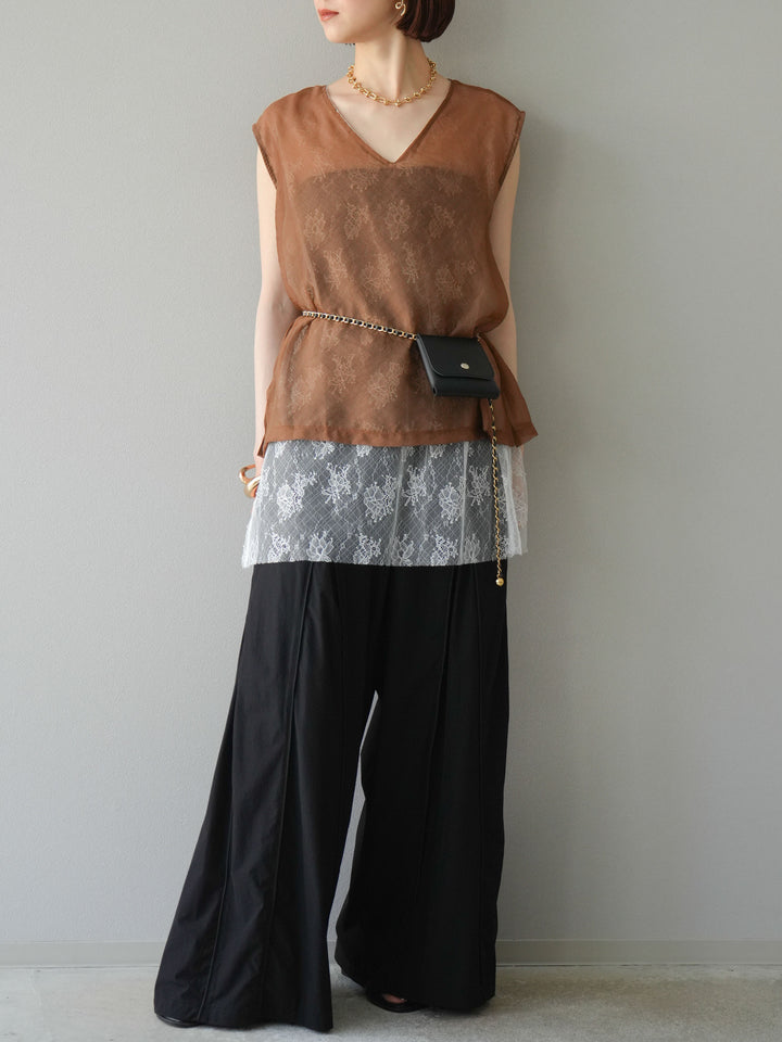 [予約]タックパイピングナイロンワイドパンツ/ブラック