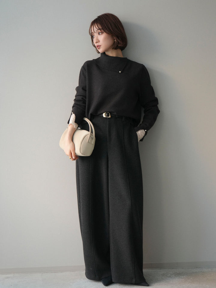 [SET]袖レースパール付き配色ニットトップス+ウールタッチカーブパンツ(2set)