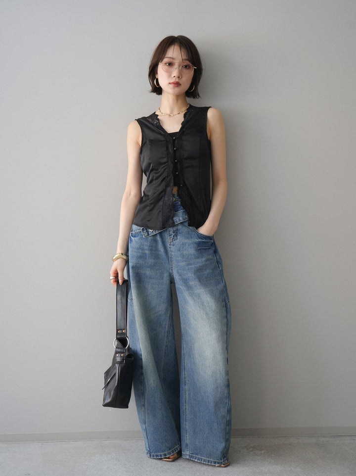 [予約]ノースリサテンレースキャミソール/black