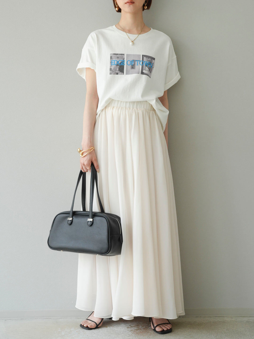 [SET]ネオンロゴコラージュフォトプリントオーバーTシャツ+シフォンフレアスカート(2set)