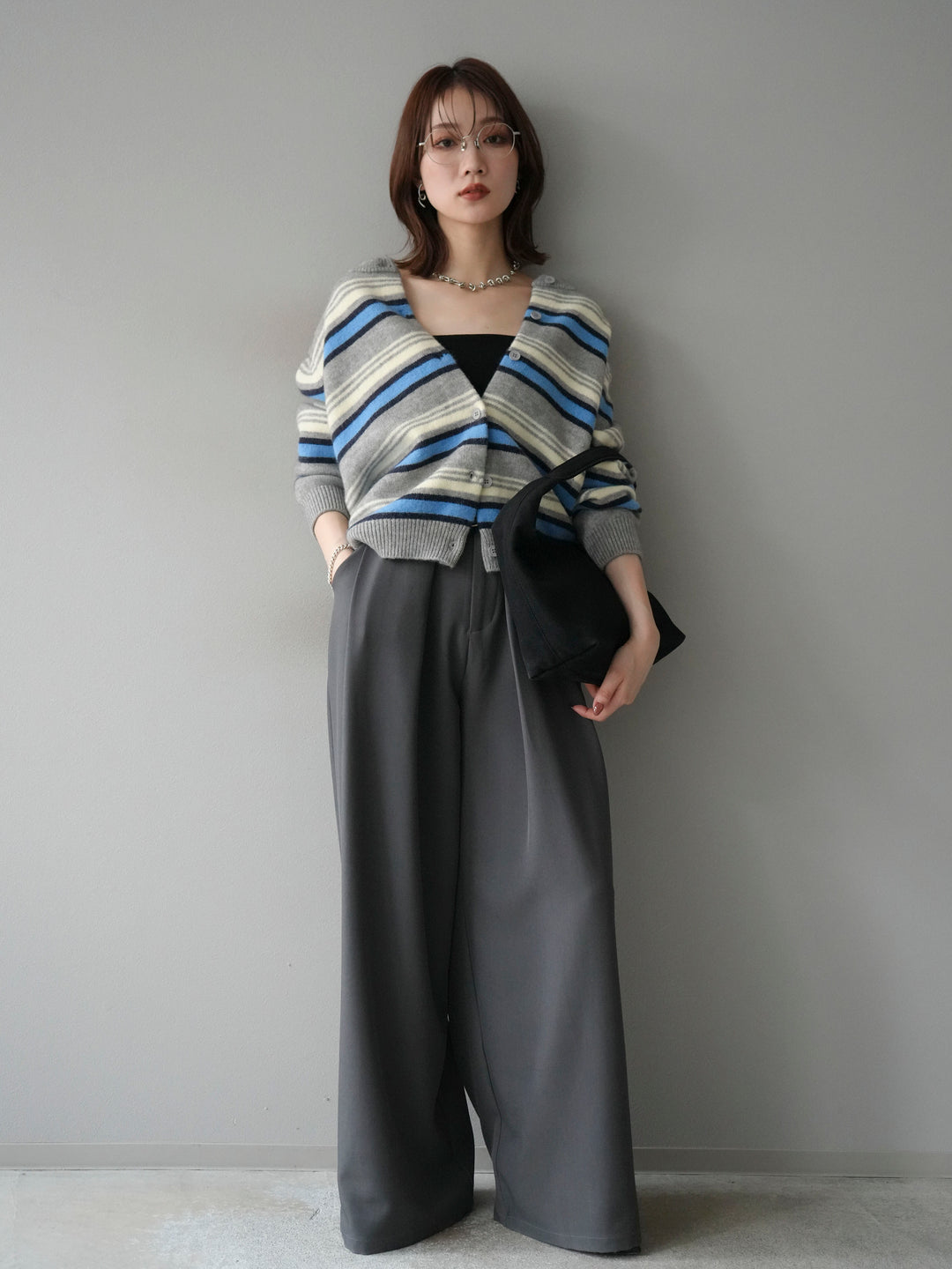[SET]マルチボーダーニットカーディガン+ベルトループデザインワイドパンツ(2set)