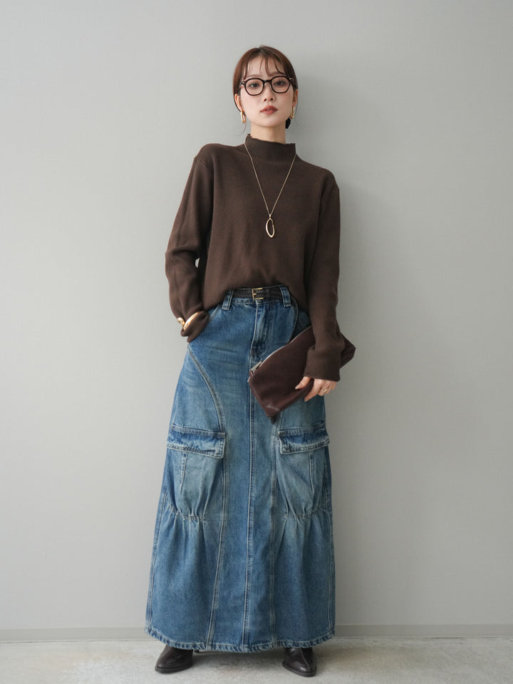 [予約]ボトルネック裾カールリブニットトップス/brown