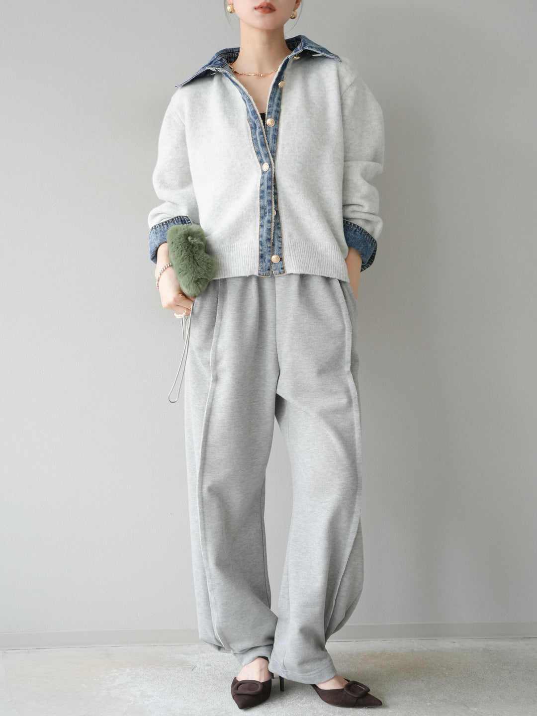 【着回しセット】[SET]デニム襟ボタンニットカーディガン+デニム襟ボタンニットカーディガン+2WAYデザインスウェットパンツ(3set)