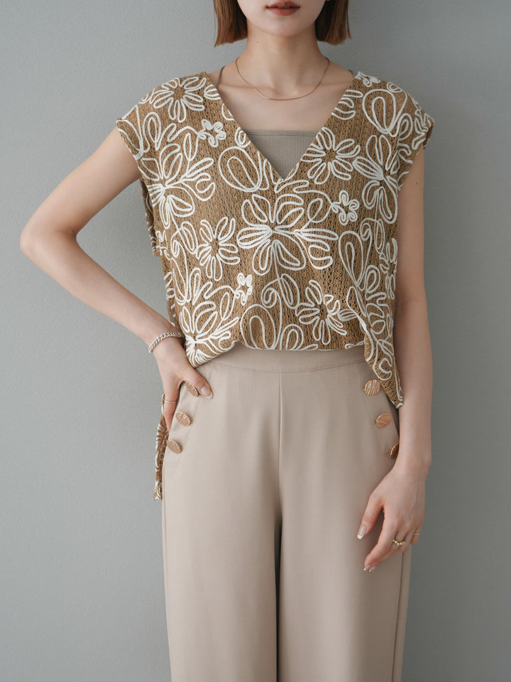 [予約]メッシュコード刺繍ベスト/ベージュ