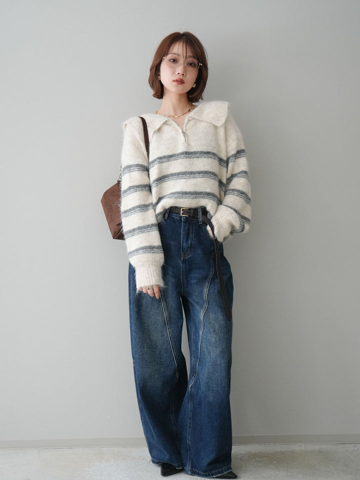 [予約]裏起毛加工デニムカーブパンツ/darkblue