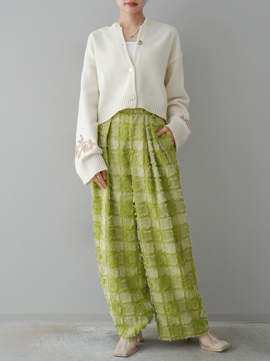 [預訂] 流蘇格紋提花長褲/綠