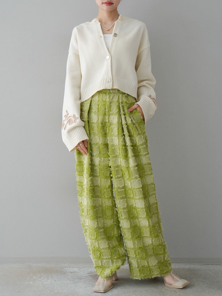 [預訂] 流蘇格紋提花長褲/綠