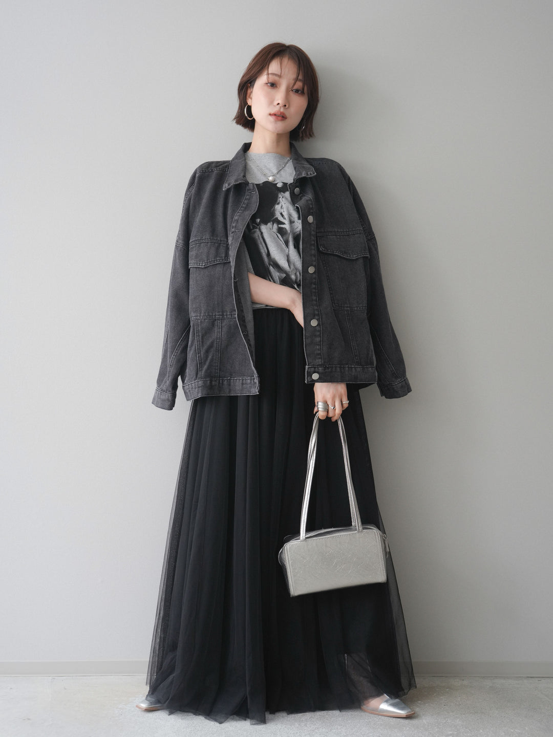 [SET]ルーズシルエットデニムジャケット+チュールボリュームスカート(2set)