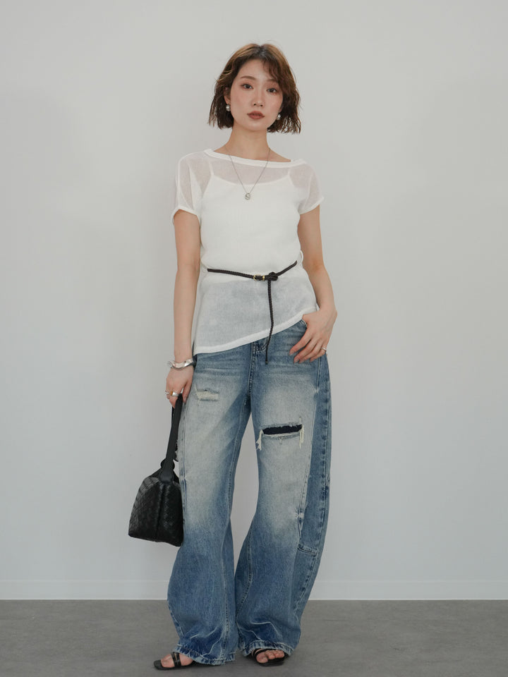 [予約]ベルト付アシメシアーニットトップス/white