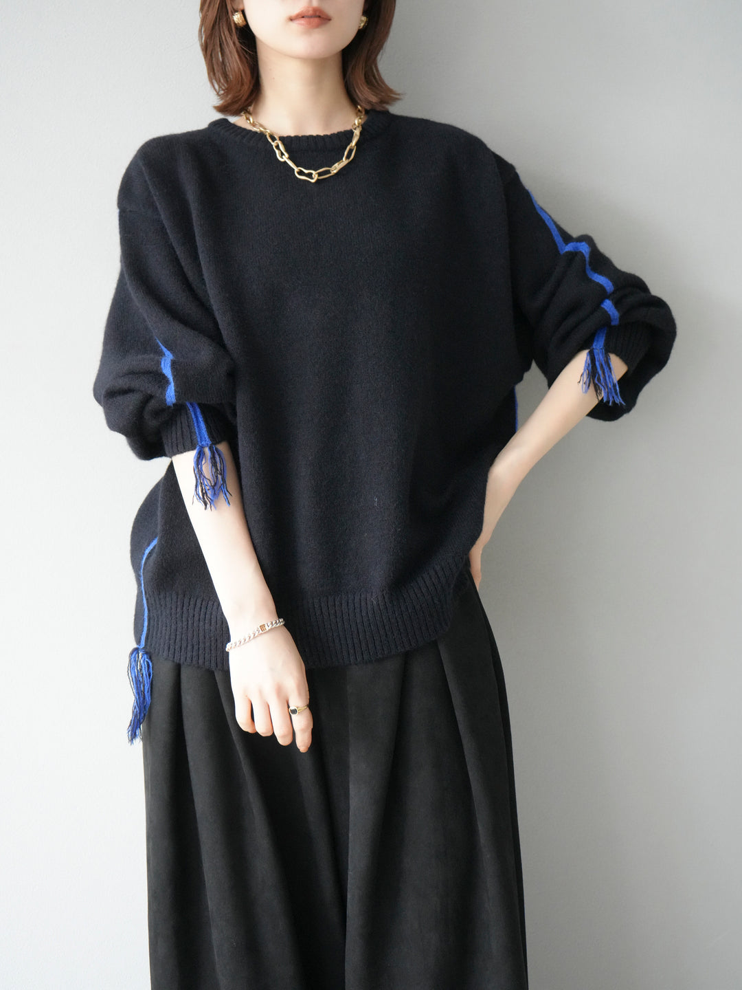 [予約]配色ステッチフリンジニットプルオーバー /ブラック