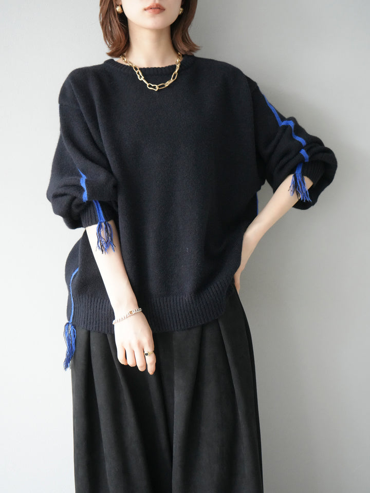 [予約]配色ステッチフリンジニットプルオーバー /ブラック