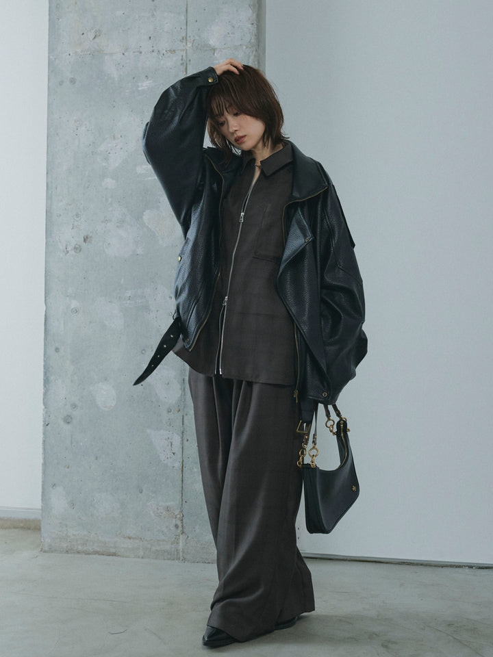 【Allure】[SET]スタンドカラーレザーブルゾン+杢チェックタックパンツ(2set)