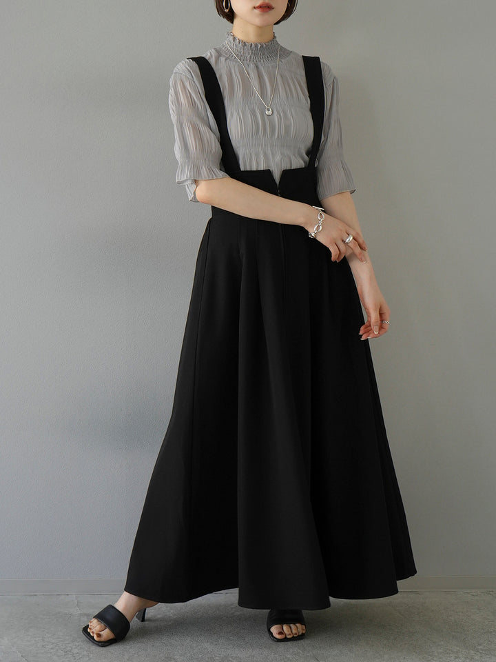 [SET] Shirring chiffon half sleeve blouse + 2WAY flare jumper skirt (2set)