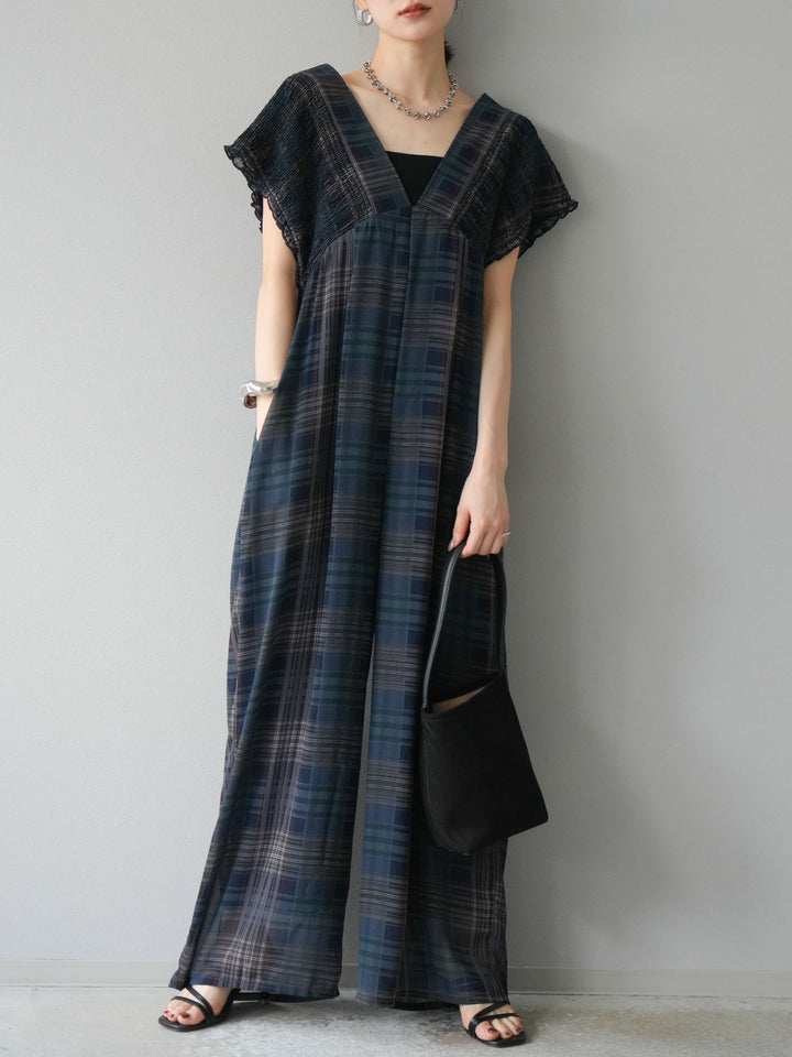 [套裝] 透視格紋褶皺背帶褲 + 配件套裝（2 套）