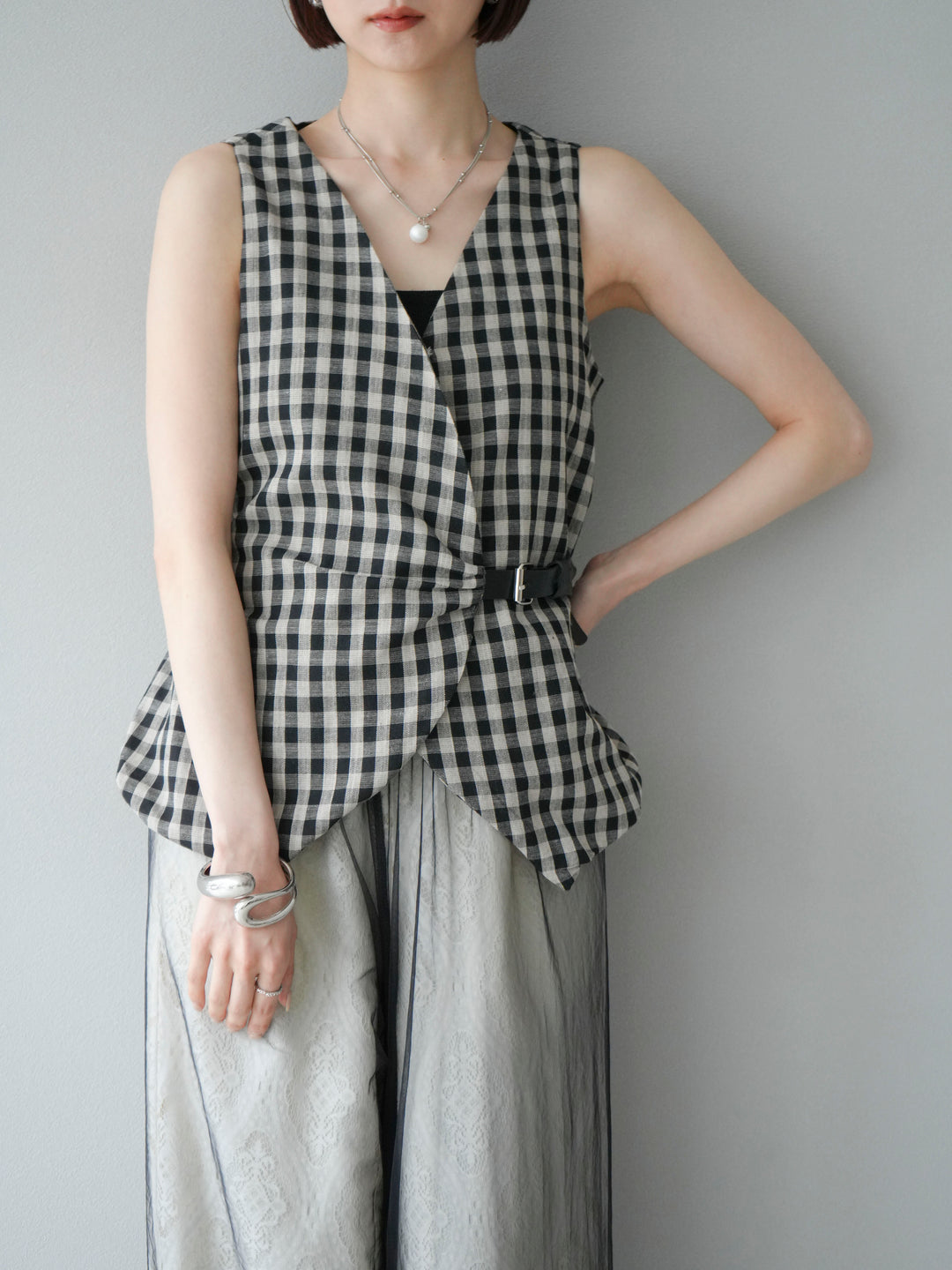 [予約]ベルトデザインバルーンブラウス/チェック