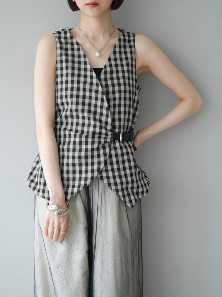 [予約]ベルトデザインバルーンブラウス/チェック
