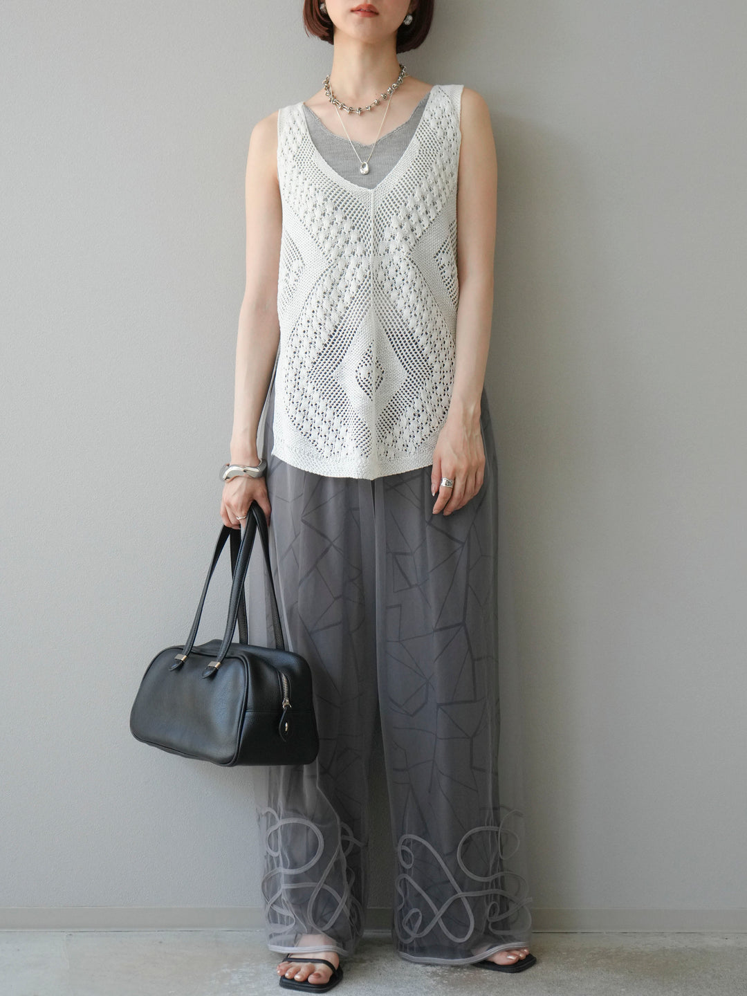 [予約]ビスコースサテンプリントタックイージーパンツ/チャコール