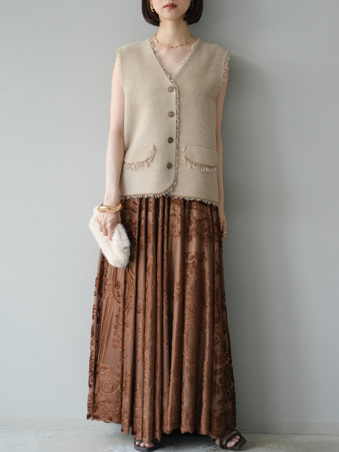 [予約]アンティーク柄フロッキーマキシスカート/ブラウン