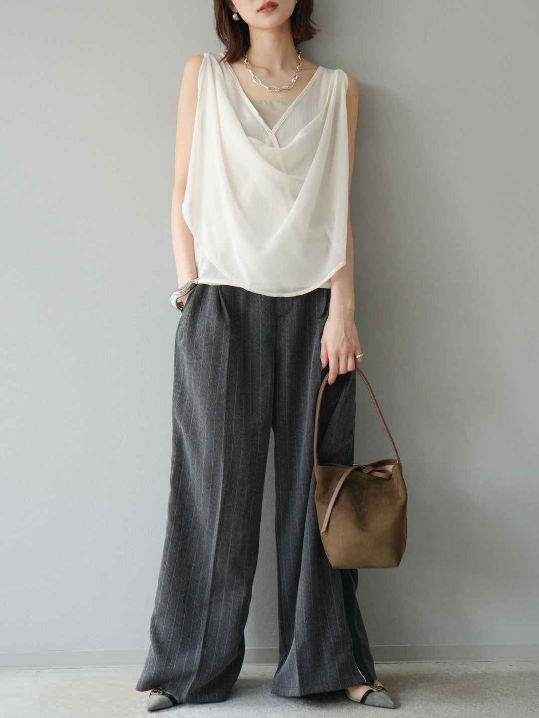 [予約]サイドラインストライプワイドパンツ/チャコール