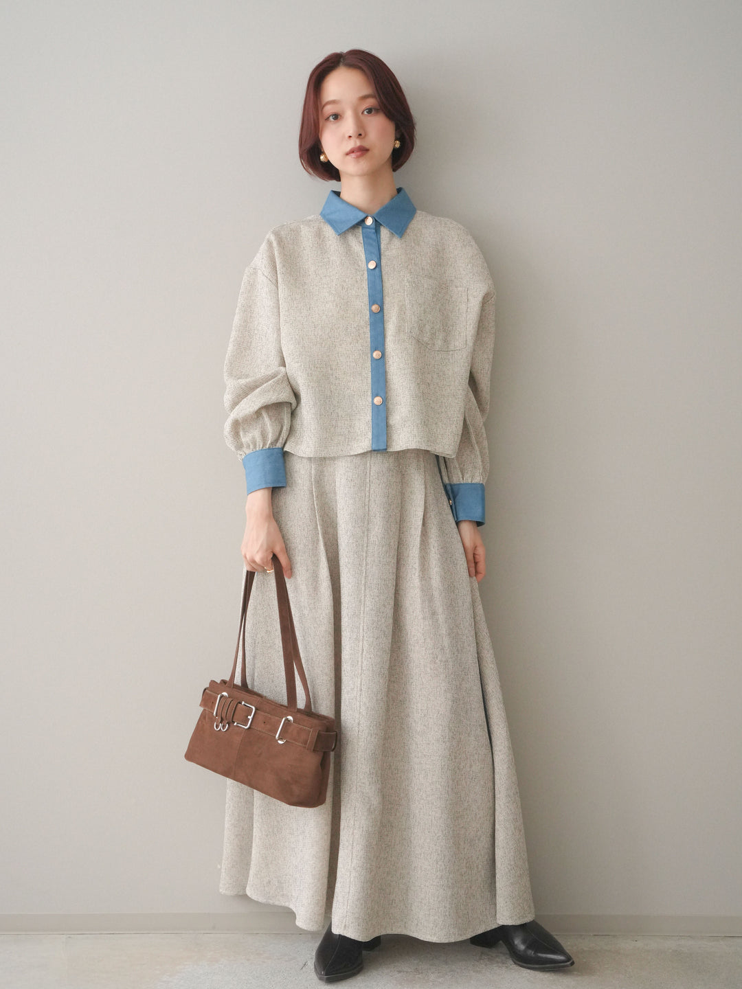 [SET]異素材サマーツイードシャツ+異素材サマーツイードタックフレアスカート(2set)