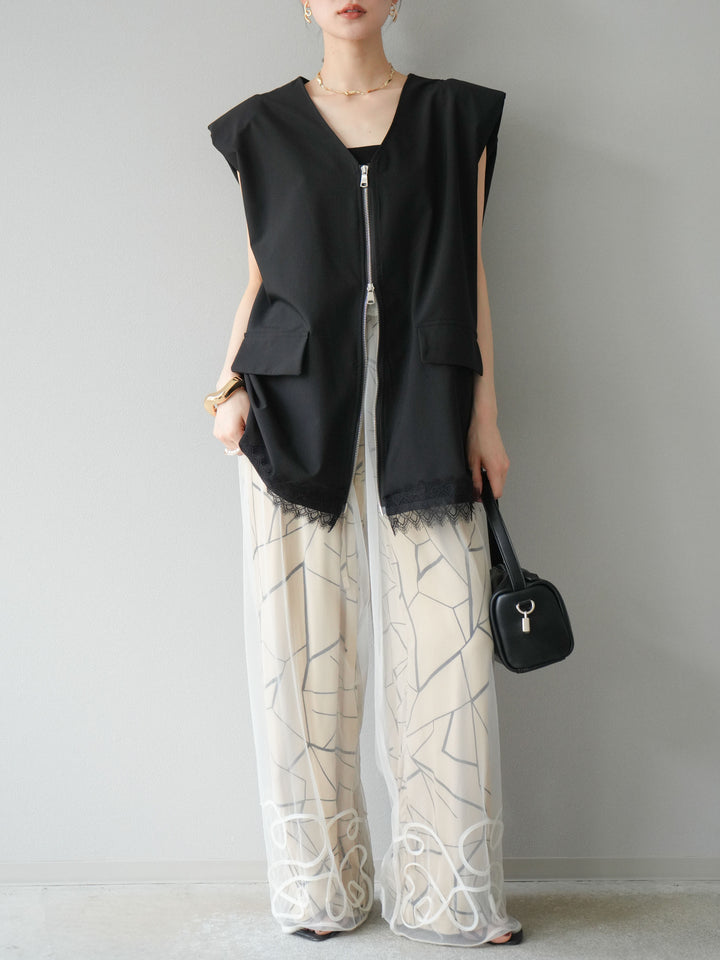 [予約]ビスコースサテンプリントタックイージーパンツ/ベージュ