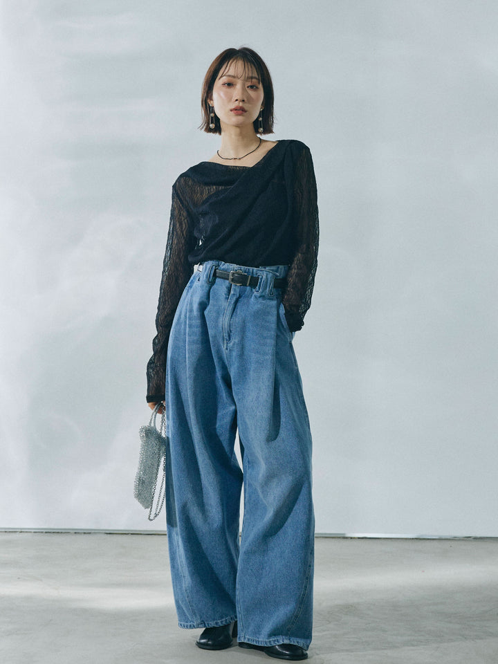 【Allure】[SET]ストレッチレースドレープトップス+ハイウエストベルトループデザインデニムパンツ(2set)